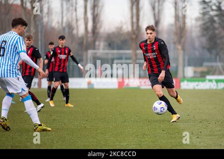 Giacomo Olzer vom AC Mailand beim Primavera 1 Tim-Spiel zwischen AC Mailand U19 und SPAL U19 im Centro Sportivo Vismara am 30. Januar 2021 in Mailand, Italien (Foto: Alessandro Bremec/NurPhoto) Stockfoto