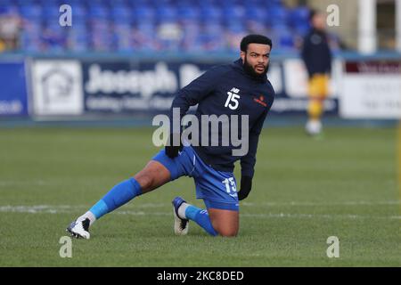 HARTLEPOOL, ENGLAND. JAN 30.:Ryan Johnson von Hartlepool United erwärmt sich vor dem Vanarama National League-Spiel zwischen Hartlepool United und Sutton United am 30.. Januar 2021 im Victoria Park, Hartlepool, England. (Foto von Mark Fletcher/MI News/NurPhoto) Stockfoto