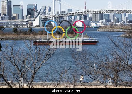 Die Menschen laufen mit ihren Hunden entlang der Küste, wo am 30. Januar 2021 das olympische Symbol im Odaiba-Marinepark in Tokio, Japan, gezeigt wurde. (Foto von Yusuke Harada/NurPhoto) Stockfoto