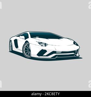 Lamborghini Aventador weißes Vektor-T-Shirt-Design. Klare Linien im eps-Format mit hoher Auflösung. Drucken Sie ihn in jeder Größe aus. Jetzt herunterladen Stock Vektor