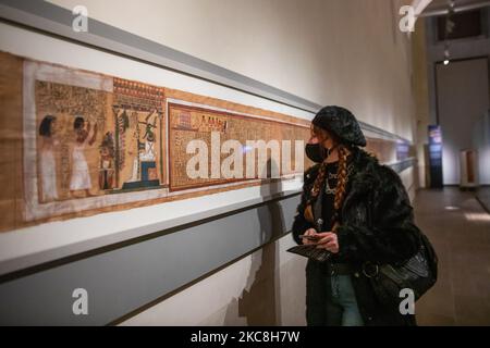 Das Ägyptische Museum in Turin konnte nach einer langen Zeit der Schließung aufgrund der Covid-19-Pandemie am 1. Februar 2021 in Turin, Italien, wieder für die Öffentlichkeit geöffnet werden. Die Besuche, nach der Lockerung der Regierungsregeln, um der Ausbreitung des SARS-Cov-2-Virus zu begegnen, müssen strenge Sicherheitsstandards einhalten, aber es ist ein kleiner Schritt in Richtung Normalität. (Foto von Mauro Ujetto/NurPhoto) Stockfoto