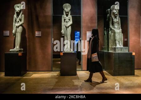 Das Ägyptische Museum in Turin konnte nach einer langen Zeit der Schließung aufgrund der Covid-19-Pandemie am 1. Februar 2021 in Turin, Italien, wieder für die Öffentlichkeit geöffnet werden. Die Besuche, nach der Lockerung der Regierungsregeln, um der Ausbreitung des SARS-Cov-2-Virus zu begegnen, müssen strenge Sicherheitsstandards einhalten, aber es ist ein kleiner Schritt in Richtung Normalität. (Foto von Mauro Ujetto/NurPhoto) Stockfoto