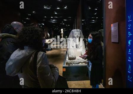 Das Ägyptische Museum in Turin konnte nach einer langen Zeit der Schließung aufgrund der Covid-19-Pandemie am 1. Februar 2021 in Turin, Italien, wieder für die Öffentlichkeit geöffnet werden. Die Besuche, nach der Lockerung der Regierungsregeln, um der Ausbreitung des SARS-Cov-2-Virus zu begegnen, müssen strenge Sicherheitsstandards einhalten, aber es ist ein kleiner Schritt in Richtung Normalität. (Foto von Mauro Ujetto/NurPhoto) Stockfoto