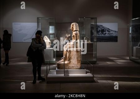 Das Ägyptische Museum in Turin konnte nach einer langen Zeit der Schließung aufgrund der Covid-19-Pandemie am 1. Februar 2021 in Turin, Italien, wieder für die Öffentlichkeit geöffnet werden. Die Besuche, nach der Lockerung der Regierungsregeln, um der Ausbreitung des SARS-Cov-2-Virus zu begegnen, müssen strenge Sicherheitsstandards einhalten, aber es ist ein kleiner Schritt in Richtung Normalität. (Foto von Mauro Ujetto/NurPhoto) Stockfoto