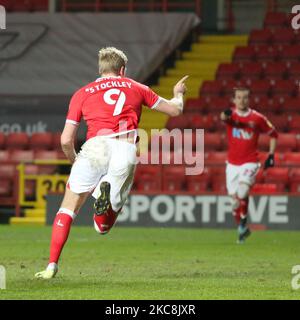 Jayden Stockley aus Charlton feiert am Dienstag, den 2.. Februar 2021, nachdem er beim Sky Bet League 1-Spiel zwischen Charlton Athletic und Portsmouth im The Valley, London, Punkten konnte. (Foto von Federico Maranesi/MI News/NurPhoto) Stockfoto