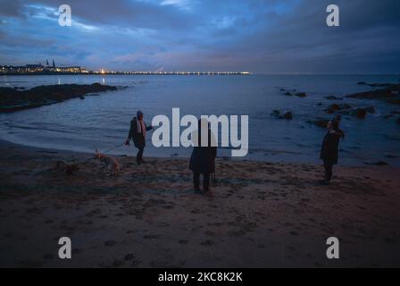 Menschen, die mit ihren Hunden in der Nähe des Sandymount Strandes in Dublin während der Covid-19-Sperre auf Level 5 laufen. Am Dienstag, den 2. Februar 2021, in Dublin, Irland. (Foto von Artur Widak/NurPhoto) Stockfoto