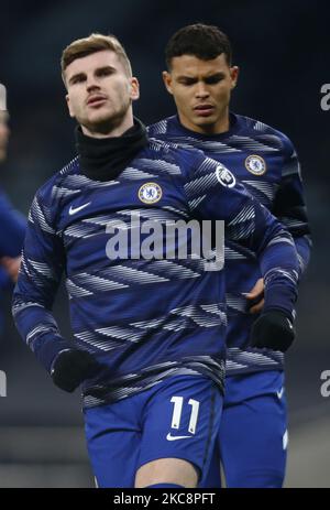 Chelseas Timo Werner während des Vormatchwarns während der Premiership zwischen Tottenham Hotspur und Chelsea im Tottenham Hotspur Stadium, London, Großbritannien, am 04.. Februar 2021 (Foto by Action Foto Sport/NurPhoto) Stockfoto