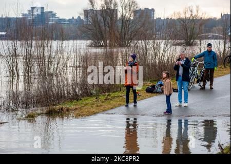 Während der hohen Wasserstände in Nijmegen am 5.. Februar 2021 beobachten die Menschen die Überschwemmungen des Waal-Flusses. (Foto von Romy Arroyo Fernandez/NurPhoto) Stockfoto