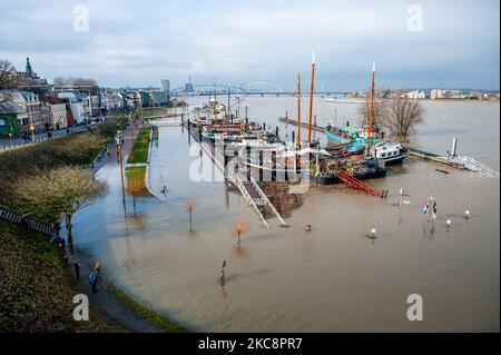 Ein Blick auf die Flutkatastrophe des Waal, während des hohen Wasserstehens in Nijmegen, am 5.. Februar 2021. (Foto von Romy Arroyo Fernandez/NurPhoto) Stockfoto