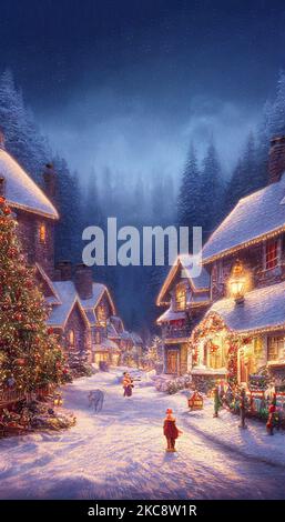 Eine lange Aufnahme der Weihnachtswinterstadt, gut beleuchtet mit dunklen Bäumen am Horizont. Stockfoto