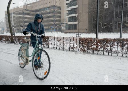 Menschen, die ihre Fahrräder tragen, weil es schwierig ist, auf dem Schnee zu fahren. Blizzard vom Schneesturm Darcy in den Niederlanden, dem ersten starken Schneefall mit starken Winden nach 2010, der den Transport im ganzen Land störte. Die Niederländer erwachten am Sonntag mit einer Schneeschicht, die alles bedeckte. Viele Unfälle ereigneten sich auf den Straßen aufgrund des Sturms und der eisigen Bedingungen, während es auch Probleme mit den Zügen gab. In der Stadt Eindhoven in Nordbrabant wurde der Bahn- und Busverkehr eingestellt, der Flughafen folgte und der Luftverkehr umgeleitet. Die Leute gingen nach draußen hinein Stockfoto