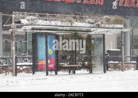 Die leere Bushaltestelle in Eindhoven. Blizzard vom Schneesturm Darcy in den Niederlanden, dem ersten starken Schneefall mit starken Winden nach 2010, der den Transport im ganzen Land störte. Die Niederländer erwachten am Sonntag mit einer Schneeschicht, die alles bedeckte. Viele Unfälle ereigneten sich auf den Straßen aufgrund des Sturms und der eisigen Bedingungen, während es auch Probleme mit den Zügen gab. In der Stadt Eindhoven in Nordbrabant wurde der Bahn- und Busverkehr eingestellt, der Flughafen folgte und der Luftverkehr umgeleitet. Im Stadtzentrum von Eindhoven gingen die Leute hinaus, um Spaß zu haben und Witz zu haben Stockfoto