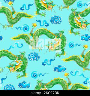 Muster mit Drachen. Dragon Bright – Illustration. Drache fliegt in den Wolken. Acryl handgemachte Malerei und Zeichnung. Stockfoto