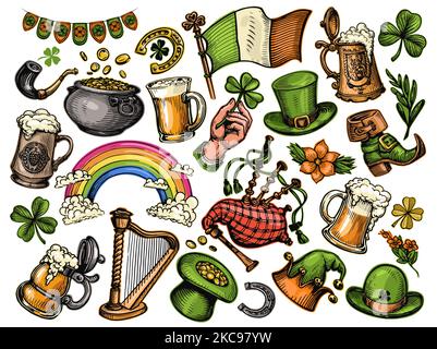 Set von St. Patricks Day Symbole. Irisches Urlaubskonzept. Kollektion farbenfrohe Illustrationen isoliert auf weißem Hintergrund Stockfoto