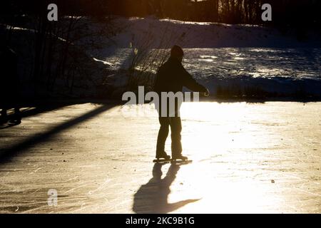 Dunkle Silhouetten von Menschen beim Eislaufen auf dem kristallklaren natürlichen gefrorenen See in der Region Nordbrabant am Nachmittag vor dem Sonnenuntergang. Eislaufrausch übernimmt die Niederlande. Die Niederländer haben viel Spaß und genießen das einwöchige, kalte Schneewetter mit Temperaturen unter Null, die dazu führen, dass Seen, Bäche, Teiche, Flüsse und Kanäle gefrieren. Im Park Meerland in der Nähe der Stadt Eindhoven haben sich die Massen an einem sonnigen Tag mit blauem Himmel abgesetzt, da es eine niederländische Tradition ist. Außerdem werden die Menschen im Freien in der eisgefrorenen Natur und der kalten Umgebung gesehen, die auf dem Eis der gefrorenen Seen spazieren gehen, p Stockfoto