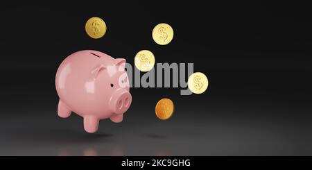 Sparschwein- und Dollarmünzen mit Kopierplatz. Einsparungskonzept. 3D Abbildung. Stockfoto