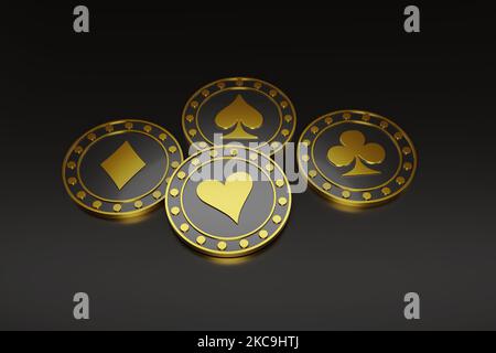 Golden Poker Chips isoliert auf dunklem Hintergrund. 3D Abbildung. Stockfoto