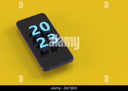 Mobiltelefon mit 2023 Text in drei Dimensionen. Konzept für das neue Jahr. Isometrische Projektion. 3D Abbildung. Stockfoto