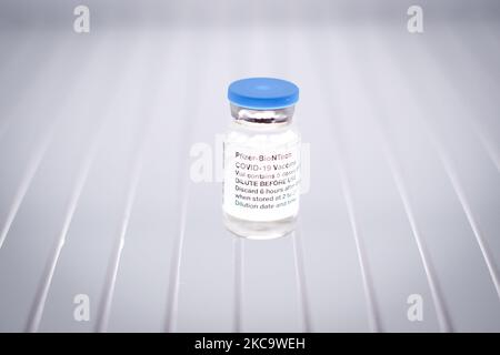 Eine Ampulle mit einem Pfizer BioNTech COVID-19-Etikett ist auf diesem Illustrationsfoto am 23. Februar 2021 in Warschau, Polen, zu sehen. Pfizer hat gesagt, dass es plant, die Impfstofflieferungen an die US-Regierung bis in diesem Frühjahr deutlich zu steigern. Dies geht aus einer schriftlichen Zeugenaussage von Führungskräften des Unternehmens aus, die am Dienstag vor einer Anhörung des Ausschusses des Repräsentantenhauses zu Impfstoffen veröffentlicht wurde. (Foto von Jaap Arriens/NurPhoto) Stockfoto