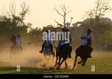 Die Spieler der Teams Sujan Polo und Chandna Group in Aktion während des Polospiels „Rajmata Gayatri Devi Memorial Cup“ auf dem Polo Ground in Jaipur, Rajasthan, Indien, Donnerstag, 25. Februar 2021. (Foto: Vishal Bhatnagar/NurPhoto) Stockfoto