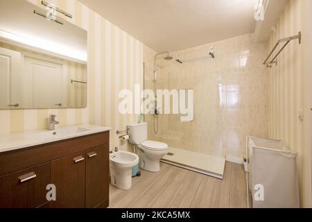Geräumige Garderobe mit quadratischem rahmenlosem Spiegel, verglaster Duschkabine und weißen Toiletten Stockfoto