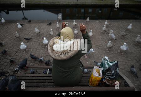 Eine Frau füttert Vögel am Canale Grande im Gebiet Portobello in Dublin während der Covid-19-Sperre der Stufe 5. Am Mittwoch, den 3. März 2021, in Dublin, Irland. (Foto von Artur Widak/NurPhoto) Stockfoto