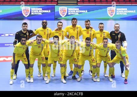 Andrei Craciun, Andrei Grigoras, Adrian Panzaru, Octavian Cires, Marius Matei, Carlos-Henrique Ribeiro, Paulo Ferreira, Savio Valadares, Laszlo Szocs, Szabolcs Manya, Am 4. März 2021 fand in Bukarest, Rumänien, das Qualifikationsspiel der Futsal-Europameisterschaft 2022 zwischen Rumänien und Bosnien und Herzegowina statt. (Foto von Alex Nicodim/NurPhoto) Stockfoto