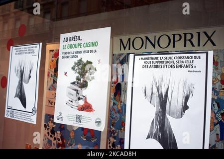 Plakate mit den Aufschriften „Jetzt werden wir nur noch das Wachstum unserer Kinder und das der Bäume tolerieren“ und „in Brasilien verkauft die Casino-Gruppe Fleisch aus der Abholzung“ vor dem Monoprix-Laden. XR Toulouse filterte den Eingang eines Monoprix-Geschäfts, da XR eine Klage gegen die Casino-Gruppe unterstützt (Casino, Monoprix, Naturalia, Franprix usw.). Diese Klage gegen die Casino-Gruppe wurde von einem Kollektiv von NGOs und Verbänden (Opiac, Canopee, envol vert, sherpa, notre affaire a tous..) eingeleitet, weil sie die Verantwortung der Casino-Gruppe beim Schneiden des Amazonas-Regenwaldes anführen. Im Jahr 2019 Stockfoto