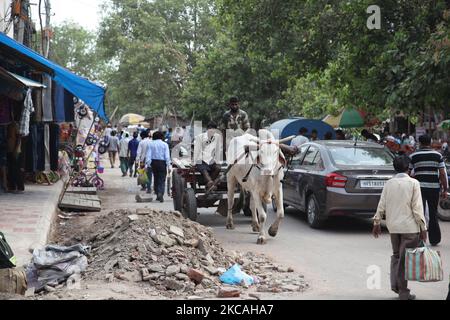 Männer fahren einen Ochsenkarren im Verkehr in der Nähe des Chandni Chowk Market in Alt-Delhi, Indien. Chandni Chowk ist Asiens größter Großhandelsmarkt. Die Legende besagt, dass der Moghul-Kaiser Shah Jahan Chandni Chowk im 17.. Jahrhundert plante, damit seine Tochter alles kaufen konnte, was sie wollte. Chandni Chowk, also ein mondlichter Platz oder Markt, bleibt eine der belebtesten, chaotischsten und berühmtesten Gegenden der Stadt. (Foto von Creative Touch Imaging Ltd./NurPhoto) Stockfoto