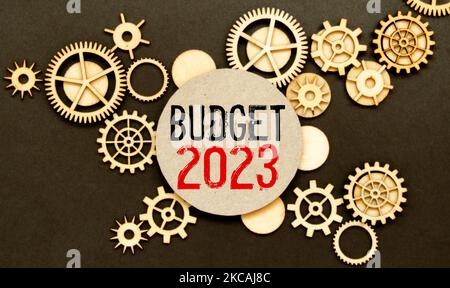 2023 Budgetplanung und Allokationskonzept. Holzwürfel die Inschrift BUDGET 2023 mit grünem Hintergrund, Kopierraum. Für Banner und Präsentation verwenden Stockfoto