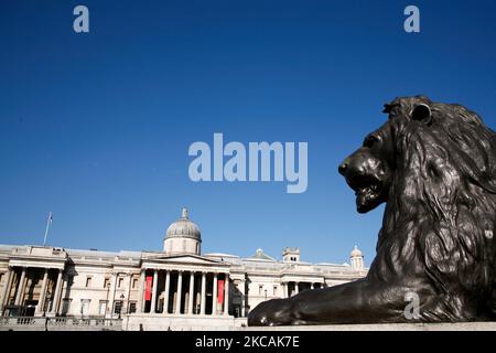 Am 9. März 2021 steht die National Gallery hinter einer der Löwenskulpturen am Fuße der Nelson-Säule auf dem Trafalgar Square in London, England. Gestern war die erste Phase der Lockerung des Coronavirus in ganz England, mit der Wiedereröffnung der Schulen und einer Lockerung einiger Grenzen für den sozialen Kontakt. Geschäfte, Bars, Restaurants und andere Gaststätten, die nicht unbedingt notwendig sind, bleiben jedoch geschlossen und werden nach dem aktuellen Zeitplan erst im nächsten Monat wieder eröffnet. (Foto von David Cliff/NurPhoto) Stockfoto