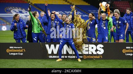 Chelsea Ladies Ji so Yun feiert nach dem Gewinn des Trophy FA Women's Continental Tire League Cup Finales zwischen Bristol City und Chelsea am 14.. März 2021 im Vicarage Road Stadium, Watford, Großbritannien (Foto von Action Foto Sport/NurPhoto) Stockfoto