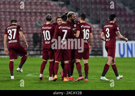 Spieler des CFR Cluj feiern ein Tor während des CFR Cluj gegen Poli Iasi, rumänische Liga 1, Dr. Constantin Radulescu Stadium, Cluj-Napoca, Rumänien, 14. März 2021 (Foto: Flaviu Buboi/NurPhoto) Stockfoto