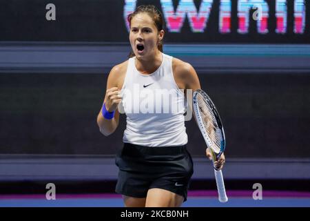 Daria Kasatkina aus Russland feiert während ihres WTA St. Petersburg Ladies Trophy 2021 Tennisturniers am 16. März 2021 in der Sibur Arena in Sankt Petersburg, Russland, das erste Spiel gegen Clara Tauson aus Dänemark. (Foto von Mike Kireev/NurPhoto) Stockfoto