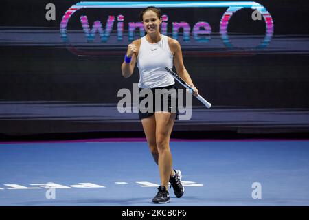 Daria Kasatkina aus Russland feiert während ihres WTA St. Petersburg Ladies Trophy 2021 Tennisturniers am 16. März 2021 in der Sibur Arena in Sankt Petersburg, Russland, das erste Spiel gegen Clara Tauson aus Dänemark. (Foto von Mike Kireev/NurPhoto) Stockfoto