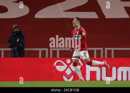 Marcus Tavernier von Middlesbrough feiert am Dienstag, dem 16.. März 2021, ihr zweites Tor während des Sky Bet Championship-Spiels zwischen Middlesbrough und Preston North End im Riverside Stadium, Middlesbrough. (Foto von Mark Fletcher/MI News/NurPhoto) Stockfoto