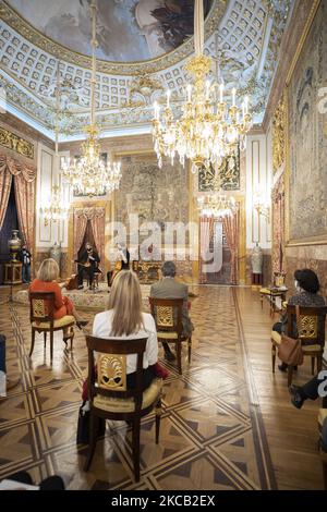 Aufführung der Gruppe La violondrina während der Präsentation der Klassischen Musiksaison 2021 im Gala-Speisesaal des Königlichen Palastes von Madrid. 18. März 2021 Spanien (Foto von Oscar Gonzalez/NurPhoto) Stockfoto