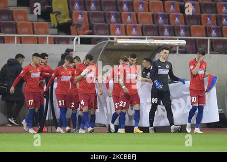 Florin Tanase, Andrei Nita, Ovidiu Popescu, George Miron, Darius Olaru, Valentin Cretu, Octavian Popescu, Iulian Cristea von FCSB während des Spiels zwischen FCSB und CFR Cluj, Runde 28 der Liga 1 Rumänien, in Bukarest, Freitag, 19. März 2021. (Foto von Alex Nicodim/NurPhoto) Stockfoto