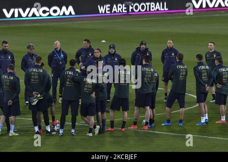 Italienische Fußballnationalmannschaft mit Training im Vasil Levski Nationalstadion in Sofia, Bulgarien, 27. März 2021. Italien wird Bulgarien beim Fußballspiel der Qualifikationsgruppe C der FIFA-Weltmeisterschaft 2022 am 28. März 2021 gegenüberstehen (Foto: Georgi Paleykov/NurPhoto) Stockfoto