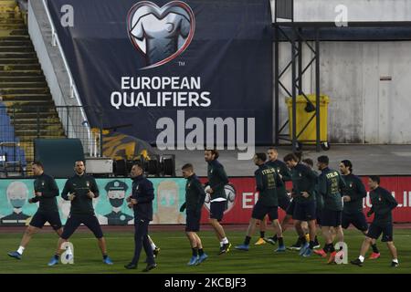 Italienische Fußballnationalmannschaft mit Training im Vasil Levski Nationalstadion in Sofia, Bulgarien, 27. März 2021. Italien wird Bulgarien beim Fußballspiel der Qualifikationsgruppe C der FIFA-Weltmeisterschaft 2022 am 28. März 2021 gegenüberstehen (Foto: Georgi Paleykov/NurPhoto) Stockfoto