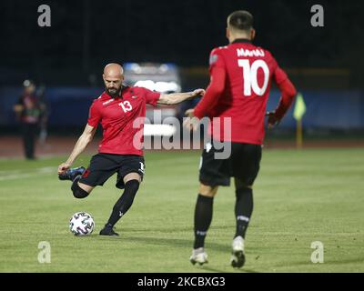 Arlind Ajeti während des Spiels zur Qualifikation für die Fußball-Weltmeisterschaft 2022 zwischen San Marino und Albanien, in San Marino, am 31. März 2021 (Foto: Loris Roselli/NurPhoto) Stockfoto