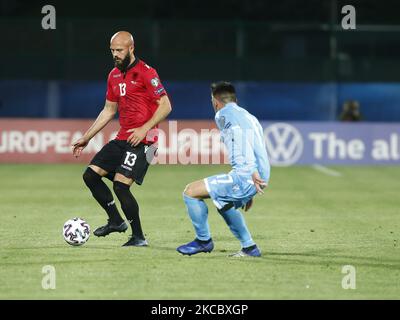 Arlind Ajeti während des Spiels zur Qualifikation für die Fußball-Weltmeisterschaft 2022 zwischen San Marino und Albanien, in San Marino, am 31. März 2021 (Foto: Loris Roselli/NurPhoto) Stockfoto