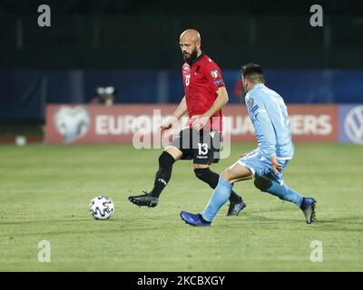 Arlind Ajeti während des Spiels zur Qualifikation für die Fußball-Weltmeisterschaft 2022 zwischen San Marino und Albanien, in San Marino, am 31. März 2021 (Foto: Loris Roselli/NurPhoto) Stockfoto