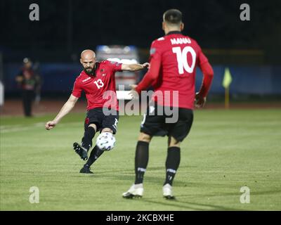 Arlind Ajeti während des Spiels zur Qualifikation für die Fußball-Weltmeisterschaft 2022 zwischen San Marino und Albanien, in San Marino, am 31. März 2021 (Foto: Loris Roselli/NurPhoto) Stockfoto