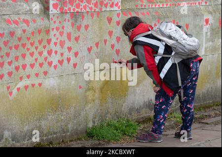 Rote Herzen gesehen auf der National Covid Memorial Wall in London, Großbritannien am 1. April 2021. Rote Herzen werden von Freiwilligen für die Opfer im Vereinigten Königreich an der Wand vor dem St. Thomas' Hospital gegenüber dem Parlamentsgebäude gemalt. (Foto von Robin Pope/NurPhoto) Stockfoto