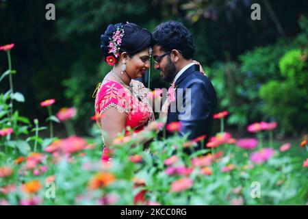 Das frisch verheiratete singhalesische Paar aus Sri Lanka posiert für ihre Fotos nach der Hochzeit im Royal Botanical Gardens in Peradeniya, Sri Lanka. Der Royal Botanical Gardens liegt westlich der Stadt Kandy und zieht jährlich 2 Millionen Besucher an. (Foto von Creative Touch Imaging Ltd./NurPhoto) Stockfoto