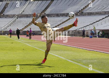 Hamache dehnt sich während des Spiels für die Liga NOS zwischen Belenenses SAD und Boavista FC, im Estadio Nacional, Lisboa, Portugal, 04, April 2021 (Foto von JoÃ£o Rico/NurPhoto) Stockfoto