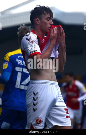 Harrison Holgate von Fleetwood Town ist am 5.. April 2021 beim Sky Bet League 1-Spiel zwischen AFC Wimbledon und Fleetwood Town in Plough Lane, Wimbledon, London, Großbritannien, zu sehen. (Foto von Federico Maranesi/MI News/NurPhoto) Stockfoto