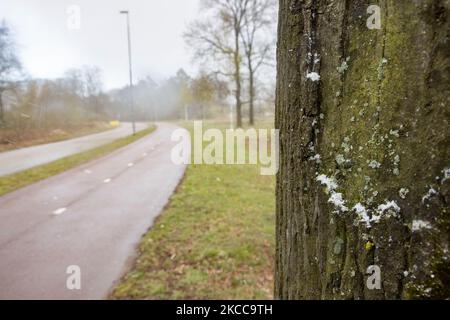 Der Schneefall in den Niederlanden macht das erste „Weiße Ostern“ nach langer Zeit mit einem deutlichen Temperaturabfall und erreicht nach Angaben der niederländischen Wetterbehörde KNMI den Gefrierpunkt, was den Ostermontag zu einem der kältesten Tage aller Zeiten mit niedrigen Temperaturen macht. Zusätzlich zu Schnee, Hagel und hoher Geschwindigkeit kam es zu starkem eisgekühlten Wind. Die KNMI hat für Montag Abend eine gelbe Wetterwarnung herausgegeben, die besagt, dass es starke Winde und rutschige Bedingungen auf den Straßen geben wird. Die Explosion des kalten Wetters mit dem unheimlichen Wetter erschien nach historischen Tagen der Wärme in Europa. Eindhoven, Neth Stockfoto