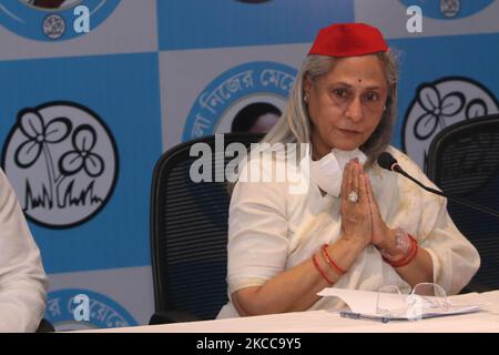 Jaya Bachchan, Parlamentsabgeordnete der politischen Partei Samajwadi bei der Pressekonferenz während der Teilnahme an der trinamool-Kongresswahlkampagne für die Wahlen der Landesversammlung am 05,2021. April in Kalkutta, Indien. (Foto von Debajyoti Chakraborty/NurPhoto) Stockfoto